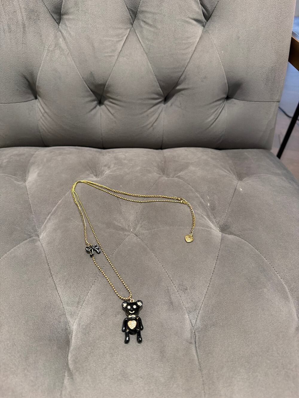 Betsey Johnson Black Teddy Bear Necklace Rhinestone Heart Pendant BJ Signed